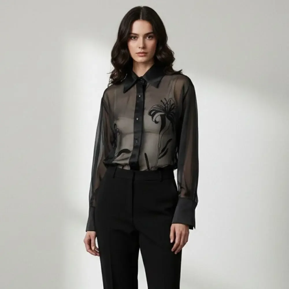 90s vintage black silk minimalist sheer organza emboidered tunic shirt blouse - Picture 8 of 10